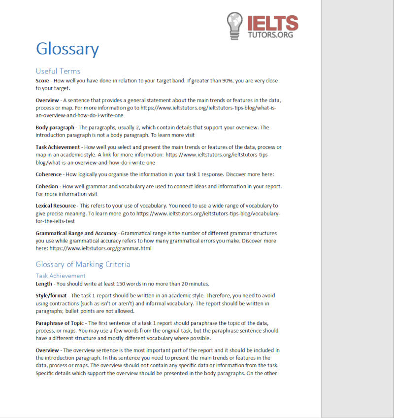 ieltstutors example task 1 report writing feedback showing glossary of ielts terms