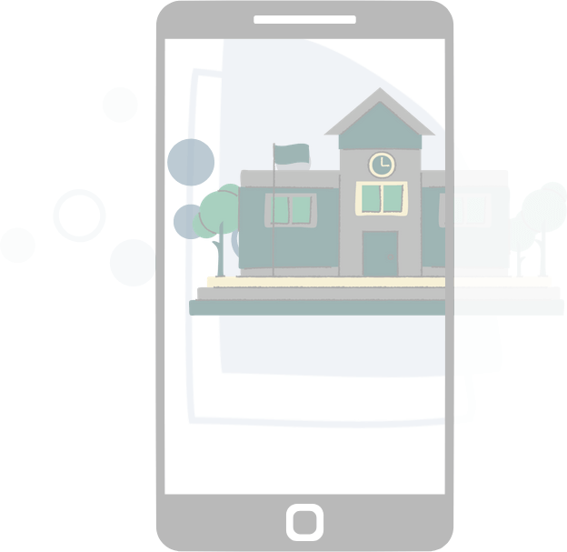 A mobile phone showing an illustration of a school