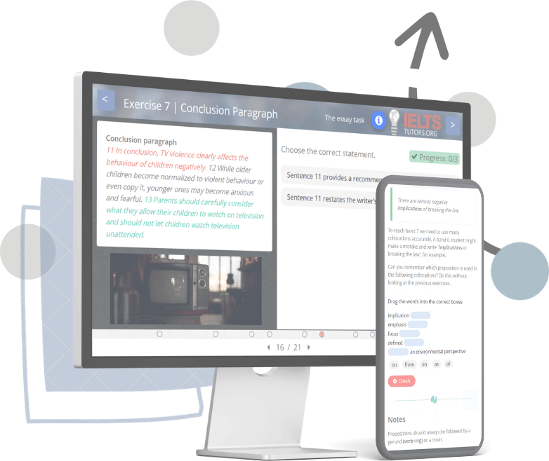 Example lessons from IELTSTutors premium IELTS writing course are displayed on a mobile phone and a laptop