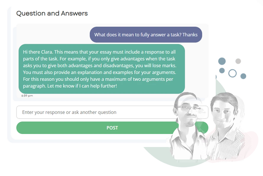 A screenshot of IELTSTutors tutor Q & A inside the writing courses