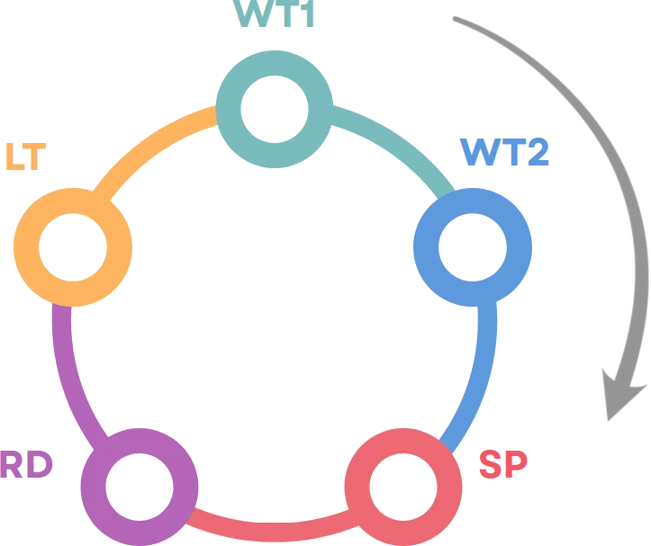 a circle with 5 nodes representing the 5 week group cycle