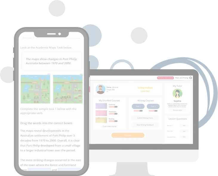 A phone and a monitor displaying online IELTS courses