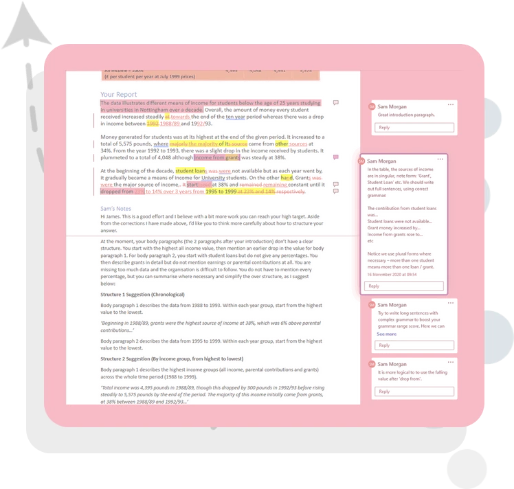 A screenshot of an example of IELTSTutors advanced IELTS writing feedback