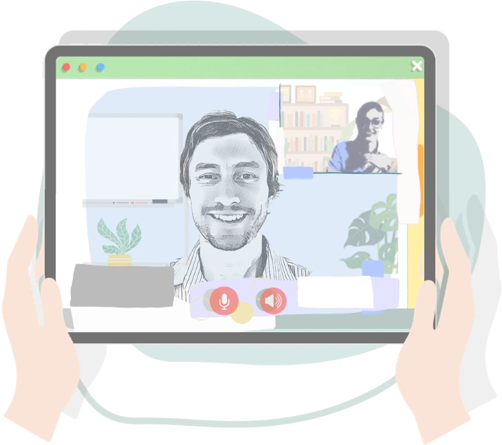 A tablet showing an illustration of an IELTS one-to-one online lesson