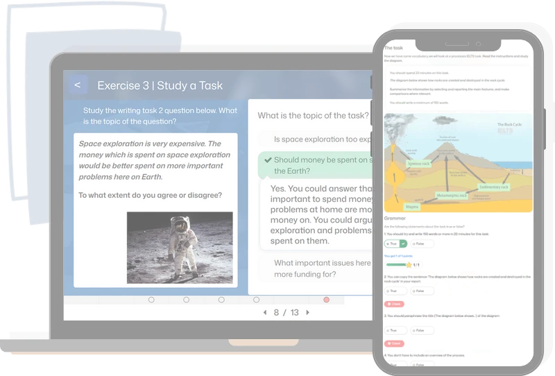 Example lessons from IELTSTutors premium IELTS writing course are displayed on a mobile phone and a laptop