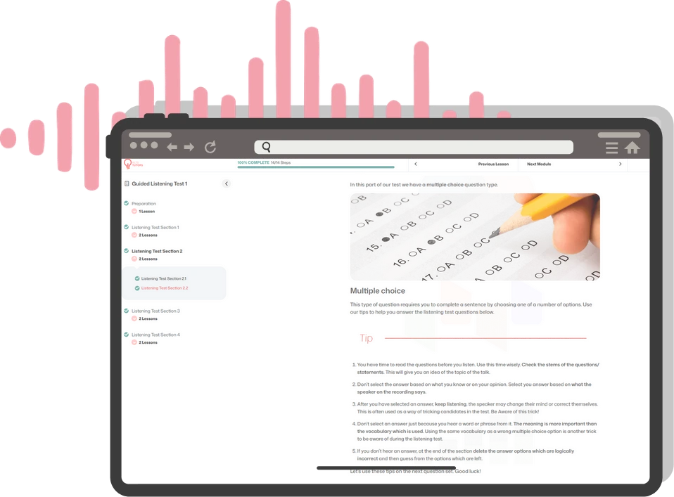 A screenshot of an IELTS listening test course